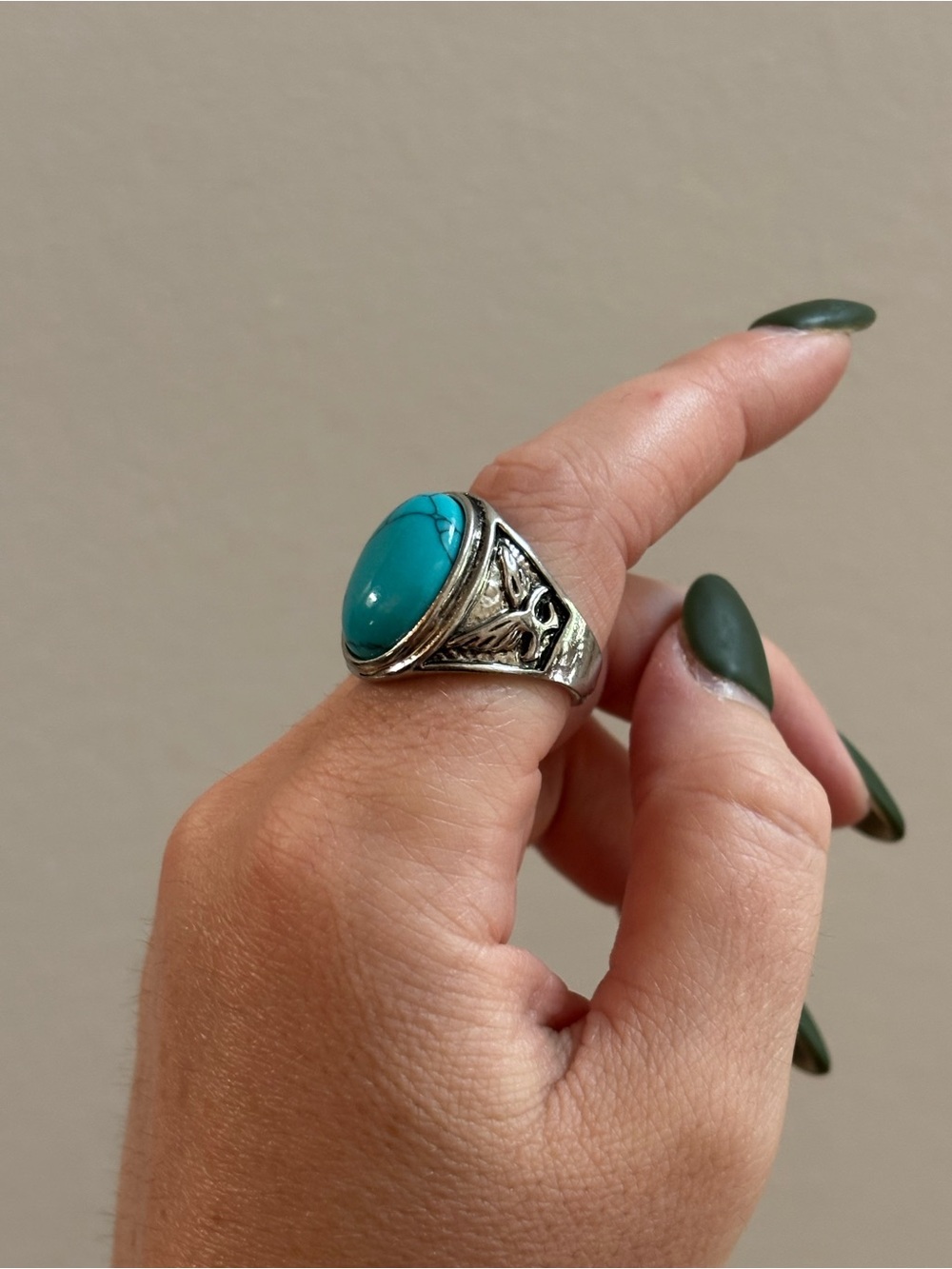Silver Tone Chunky Statement Ring with Eagle and Turquoise Stone